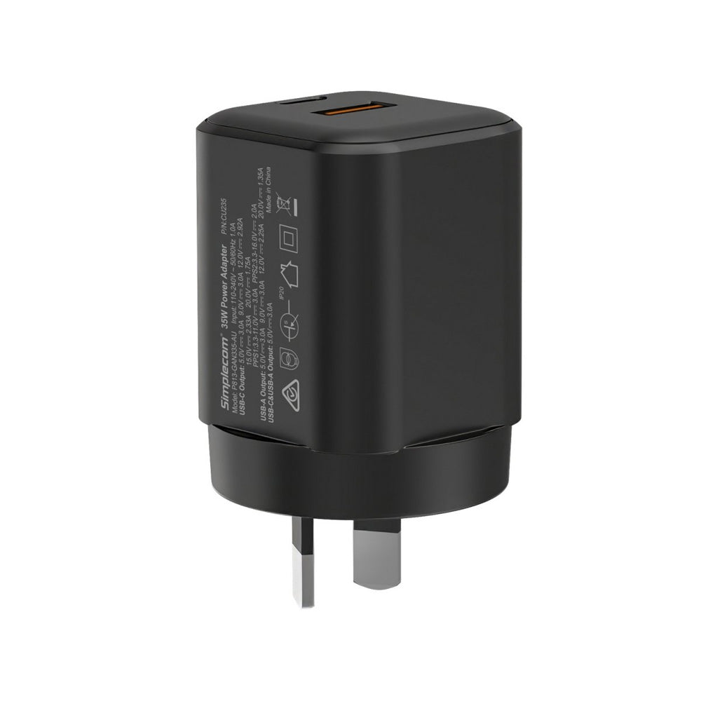 Simplecom CU235 Dual Port PD 35W Fast Wall Charger USB-C and USB-A for Phone Tablet QC3.0 Compact