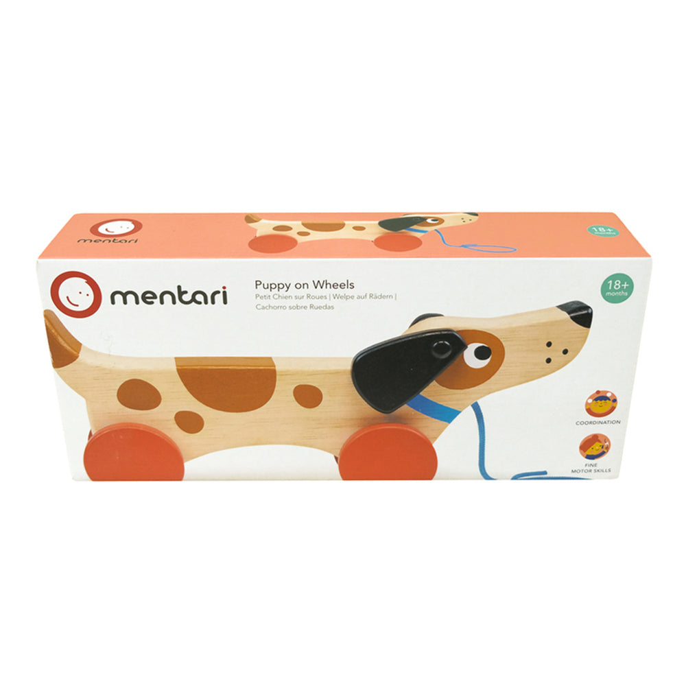 Mentari Puppy On Wheels Pull Along Wooden Toddler Walking Toy Red for 18 Months+
