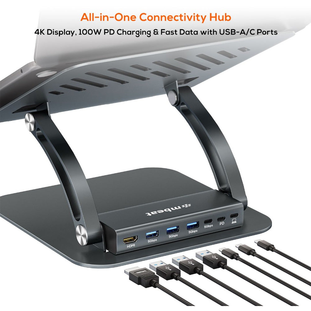 mbeat Stage P6 Laptop Stand with USB-C Dock 4K 60Hz HDMI 100W PD Pass Through 3 USB-A 1 USB-C Detachable Aluminium