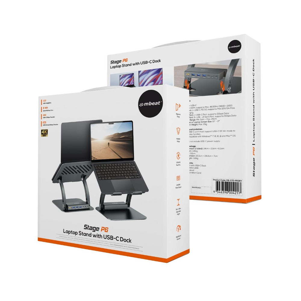 mbeat Stage P6 Laptop Stand with USB-C Dock 4K 60Hz HDMI 100W PD Pass Through 3 USB-A 1 USB-C Detachable Aluminium