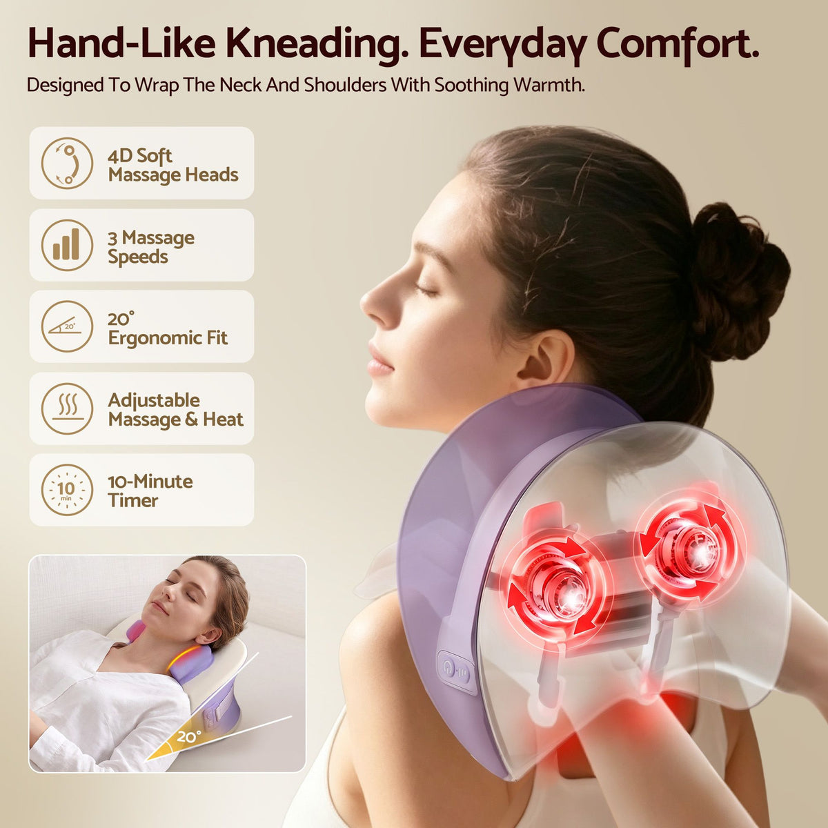 Livemor Neck Shoulder Massage Pillow Heat Cordless 4D Kneading Massager Purple