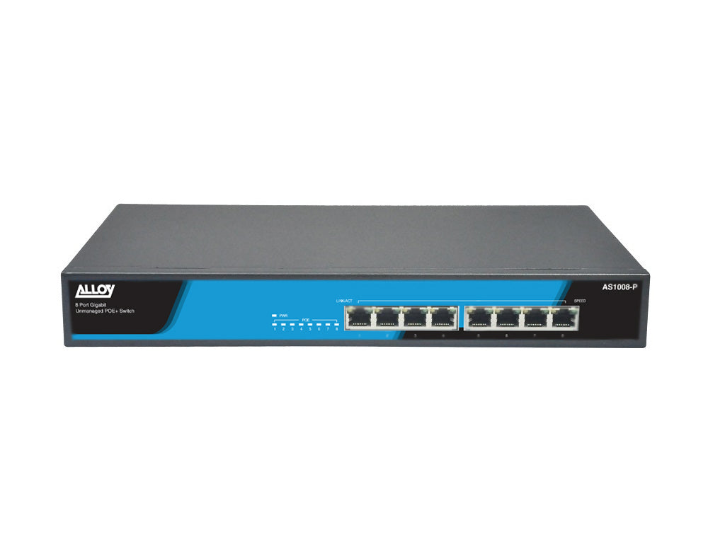 Alloy AS1008-P 8 Port Unmanaged Gigabit 802.3at PoE Switch with 150W Power Budget and Rackmount Brackets