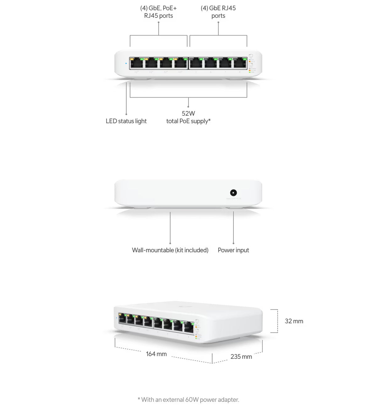 Ubiquiti UniFi Switch USW Lite 8 POE 8 Port Layer 2 Fanless Switch with 4 PoE Output Ports and 52W PoE Supply
