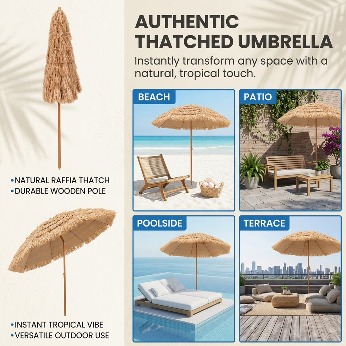 8FT Thatched Tiki Umbrella 8 Rib Straw Top Outdoor Patio Beach Umbrella