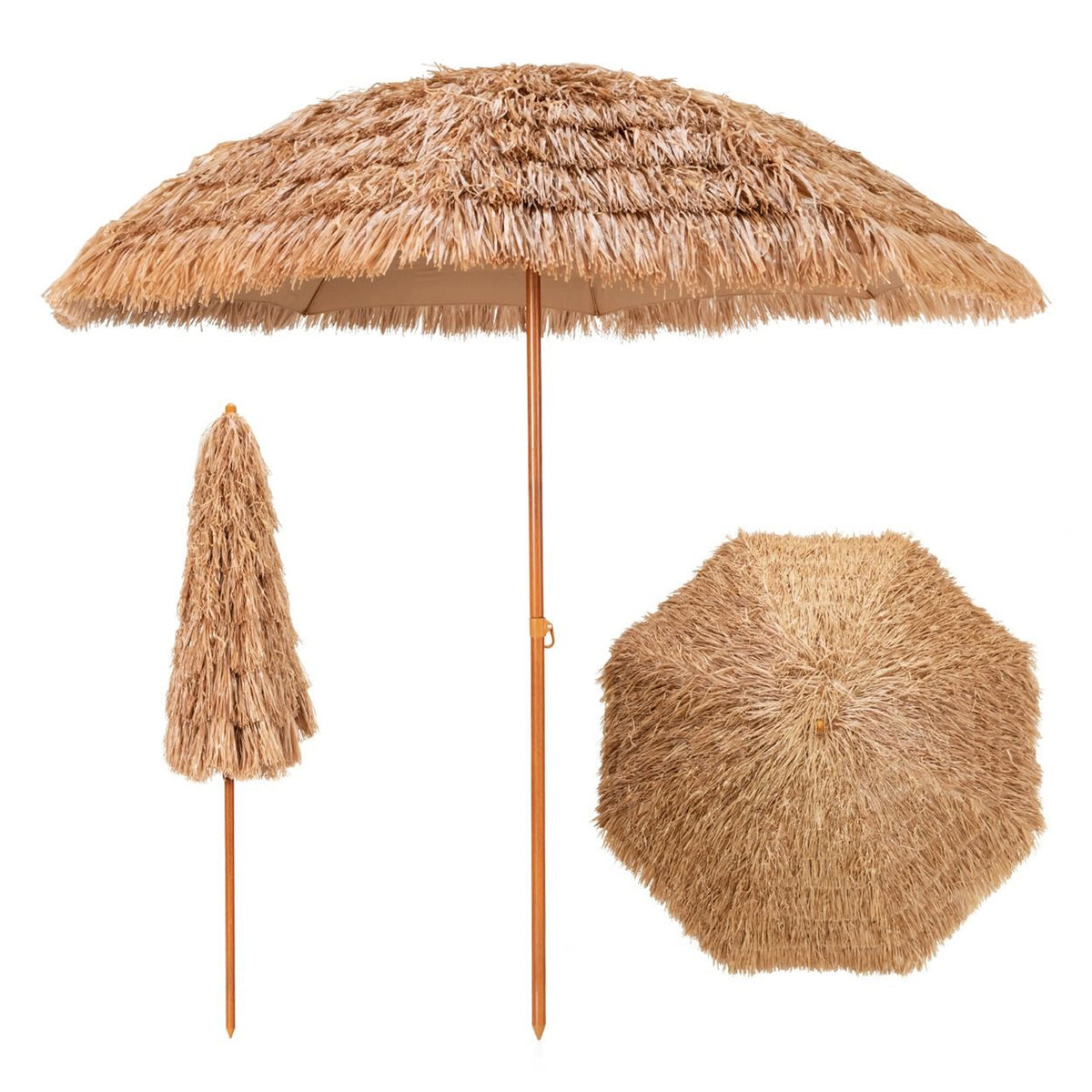 8FT Thatched Tiki Umbrella 8 Rib Straw Top Outdoor Patio Beach Umbrella