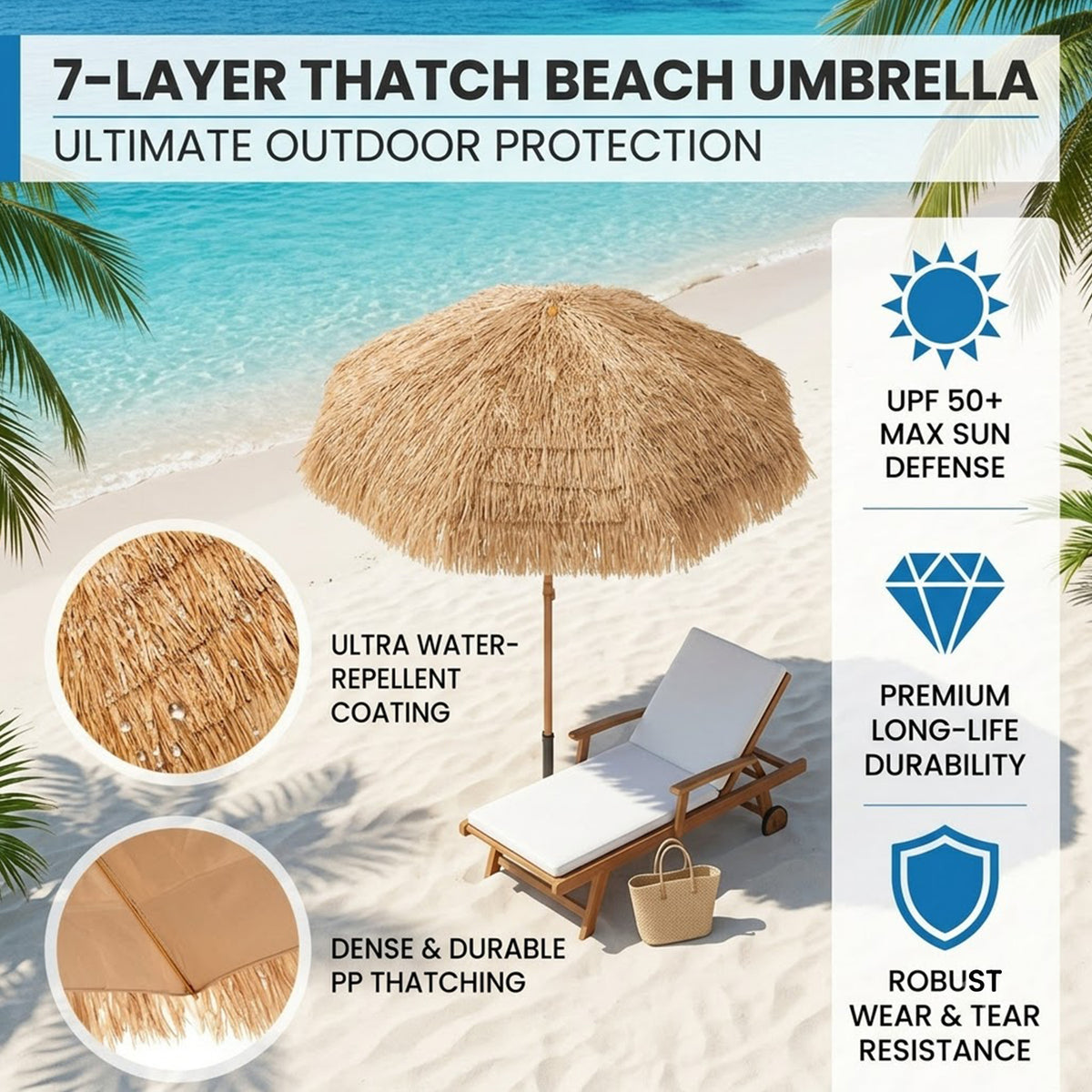 8FT Thatched Tiki Umbrella 8 Rib Straw Top Outdoor Patio Beach Umbrella