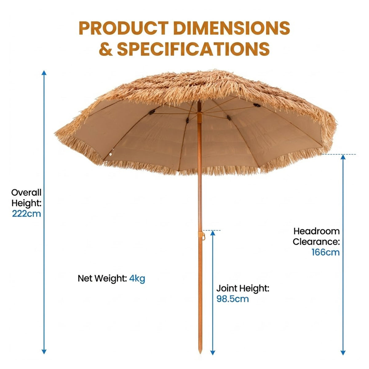 8FT Thatched Tiki Umbrella 8 Rib Straw Top Outdoor Patio Beach Umbrella