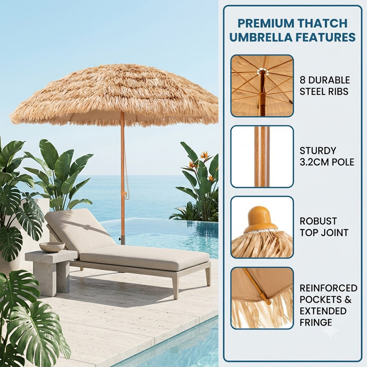 8FT Thatched Tiki Umbrella 8 Rib Straw Top Outdoor Patio Beach Umbrella