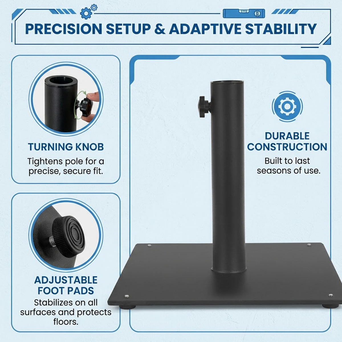 Square Outdoor Umbrella Base Stand Steel with 4 Adjustable Footpads Black