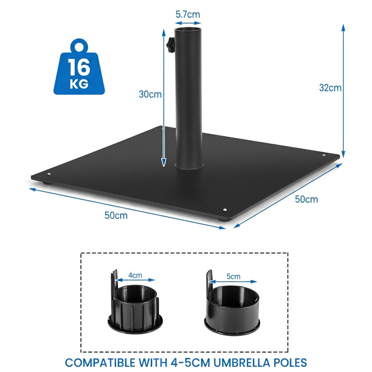 Square Outdoor Umbrella Base Stand Steel with 4 Adjustable Footpads Black