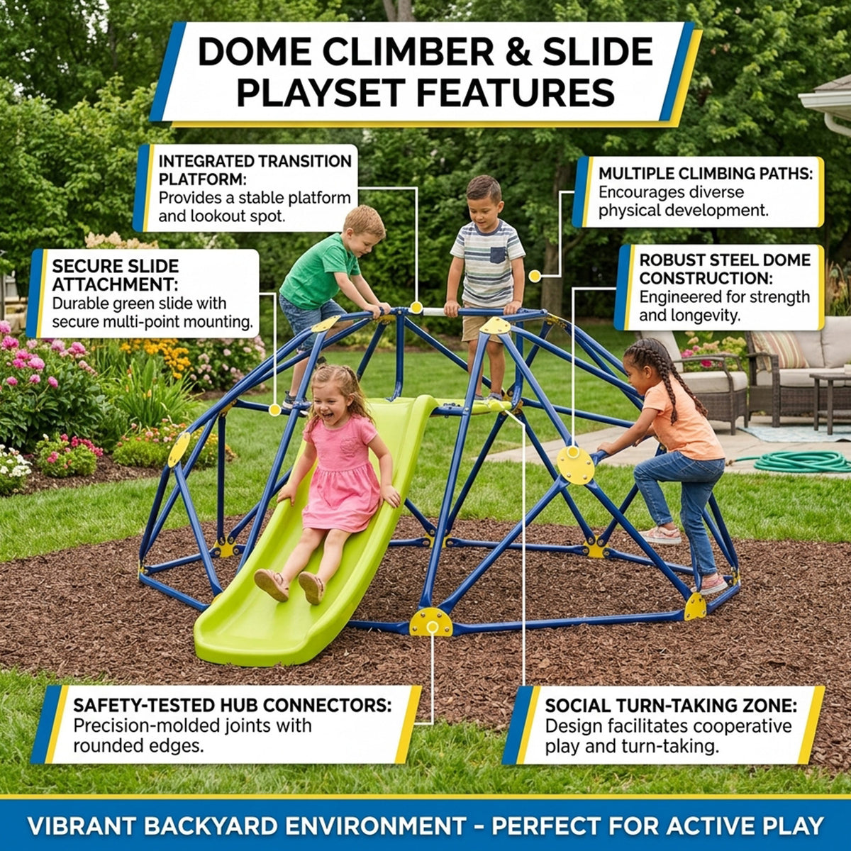 Climbing Dome and Play Set with Slide and Fabric Cushion Kids Toy Outdoor