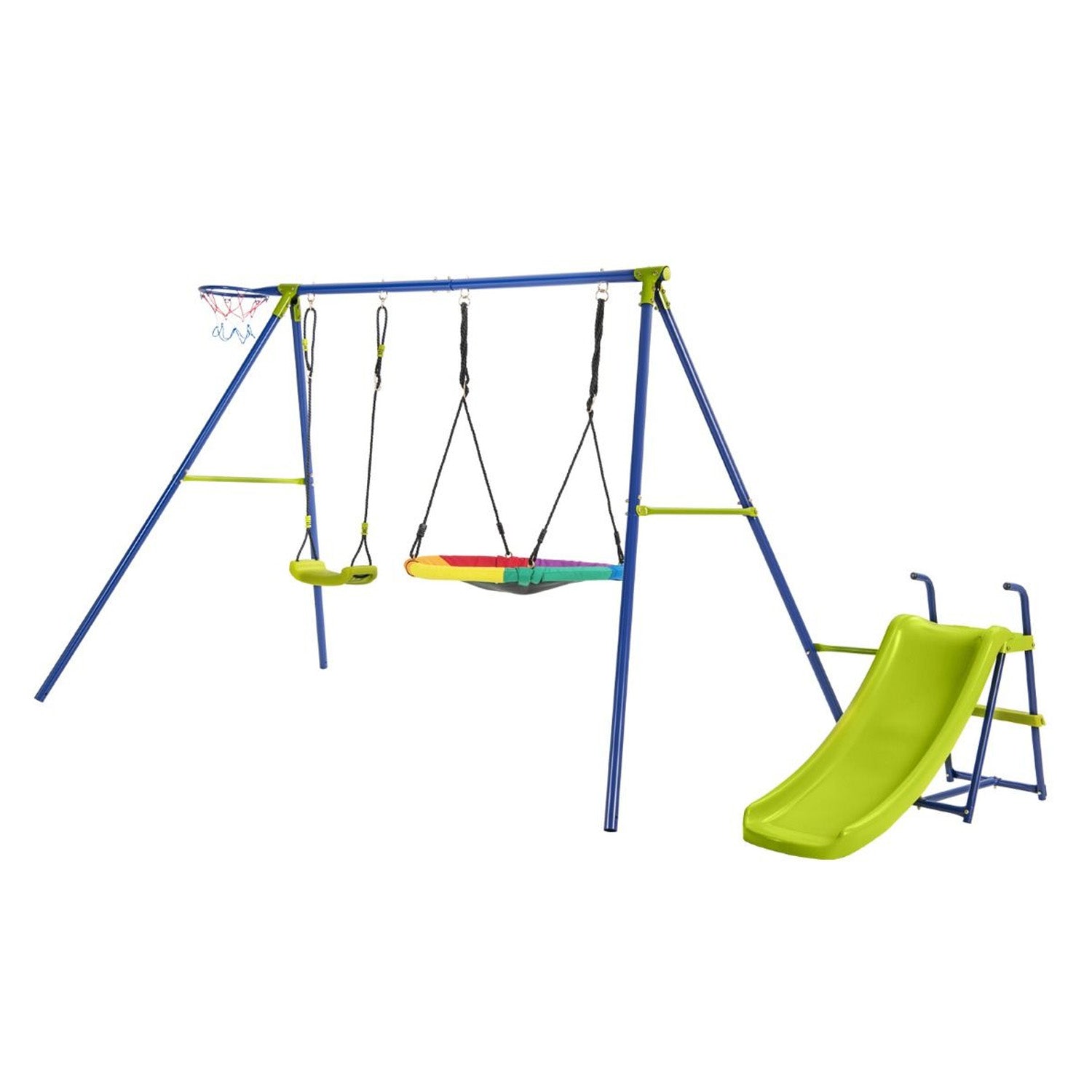 4 in 1 Metal Swing Set Playset with Slide and Basketball Hoop Outdoor