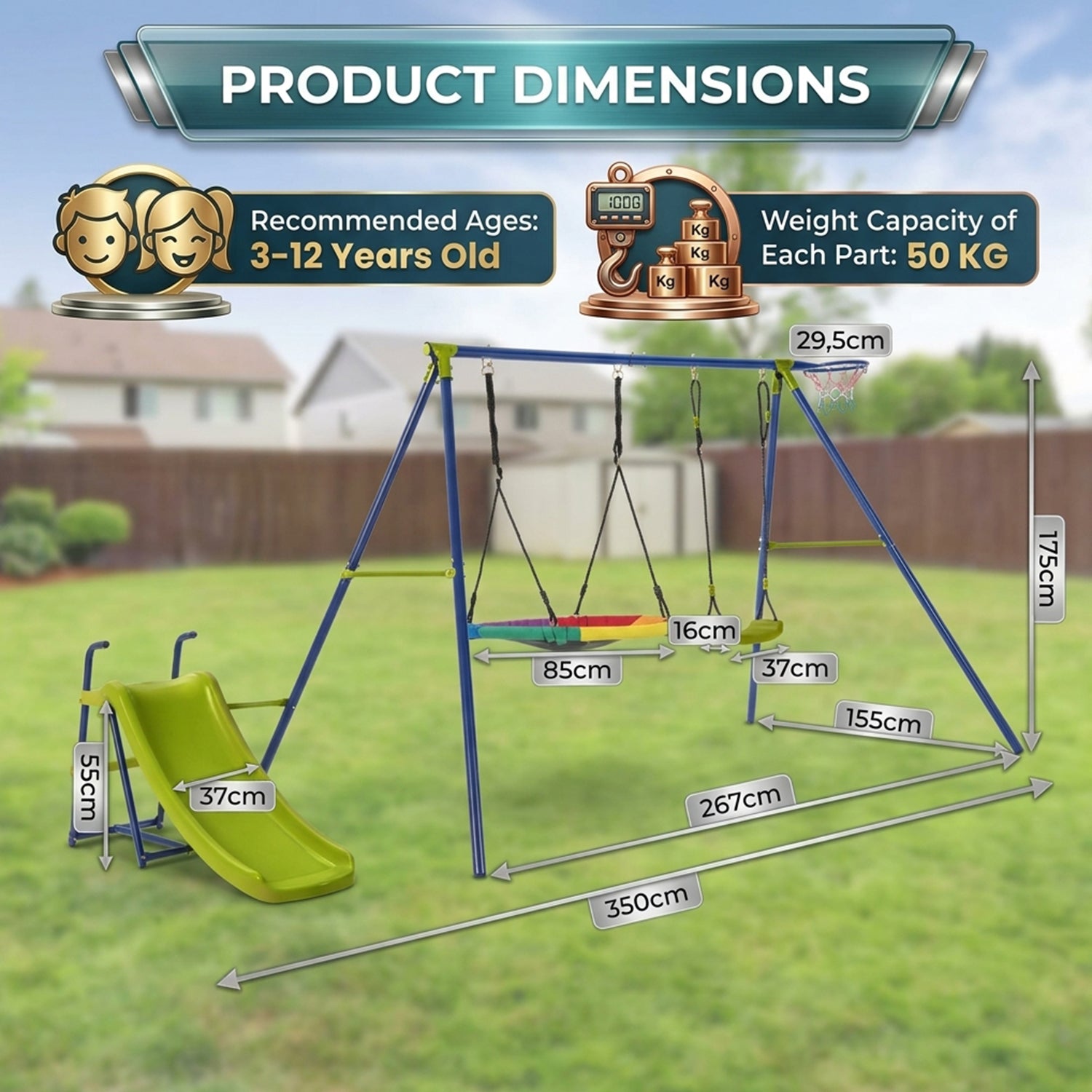 4 in 1 Metal Swing Set Playset with Slide and Basketball Hoop Outdoor