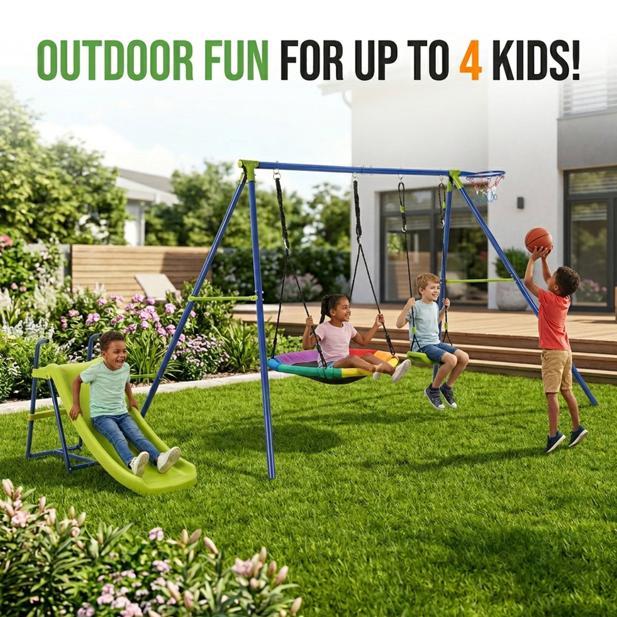 4 in 1 Metal Swing Set Playset with Slide and Basketball Hoop Outdoor