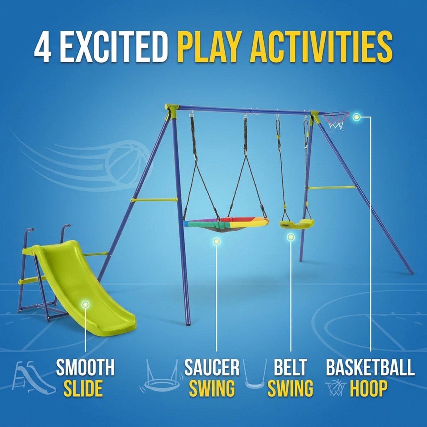 4 in 1 Metal Swing Set Playset with Slide and Basketball Hoop Outdoor