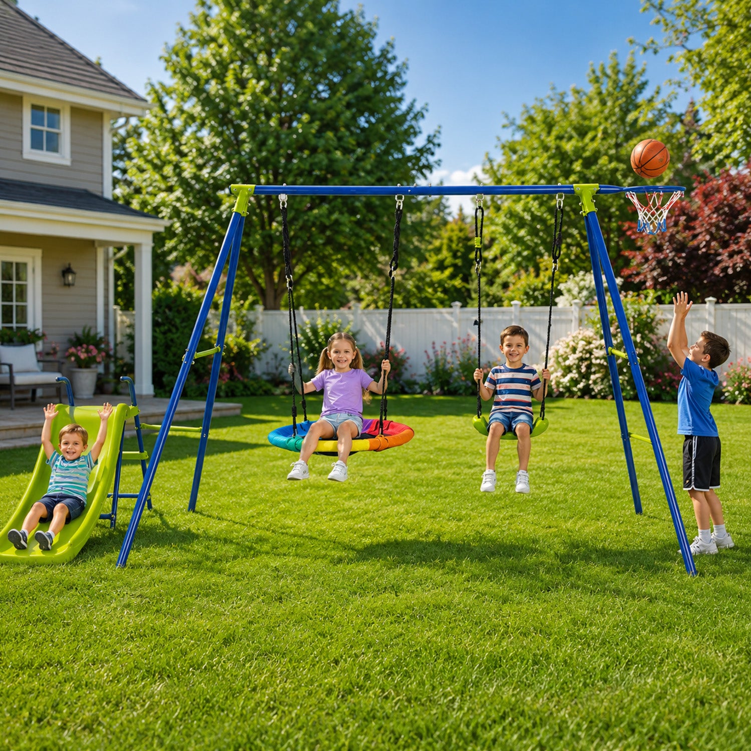 4 in 1 Metal Swing Set Playset with Slide and Basketball Hoop Outdoor