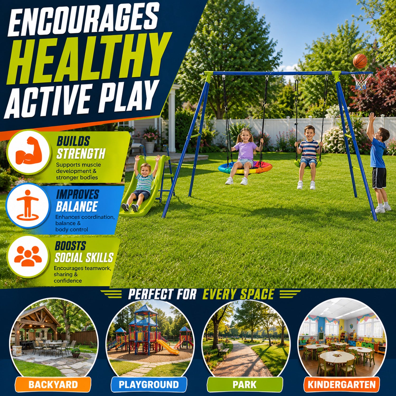 4 in 1 Metal Swing Set Playset with Slide and Basketball Hoop Outdoor