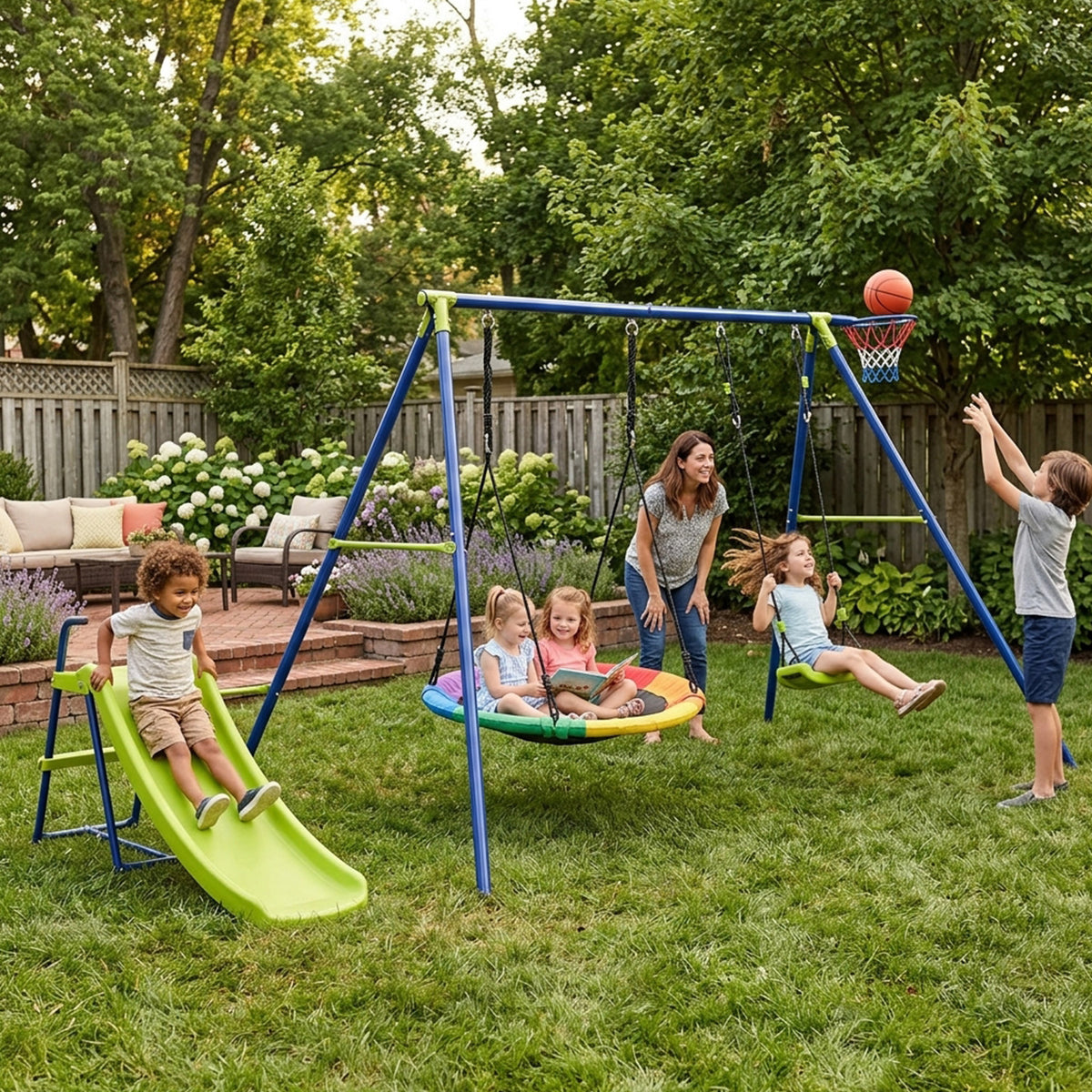 4 in 1 Metal Swing Set Playset with Slide and Basketball Hoop Outdoor