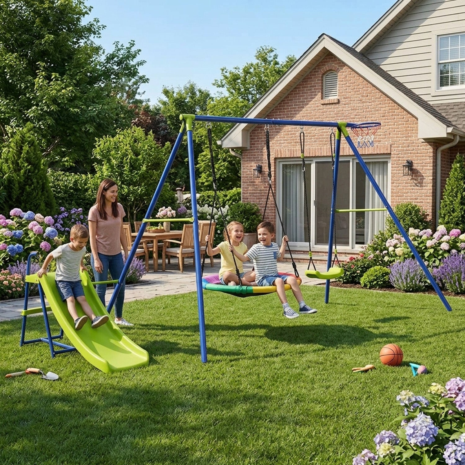 4 in 1 Metal Swing Set Playset with Slide and Basketball Hoop Outdoor