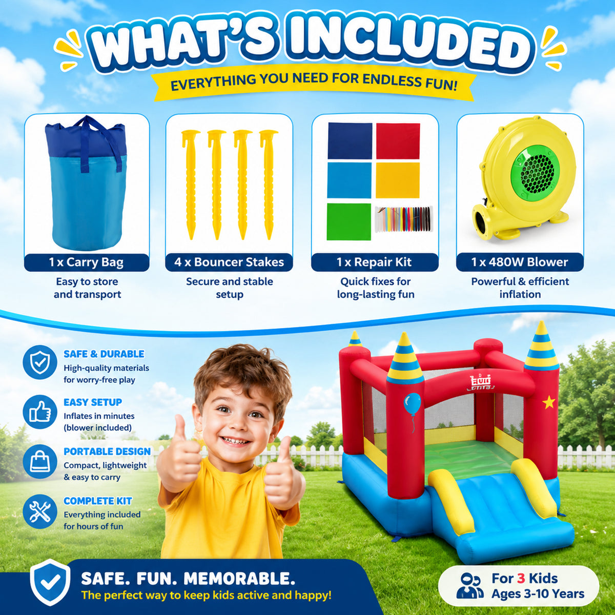 2 in 1 Inflatable Bounce House with Slide and Carrying Bag Blower Not Included