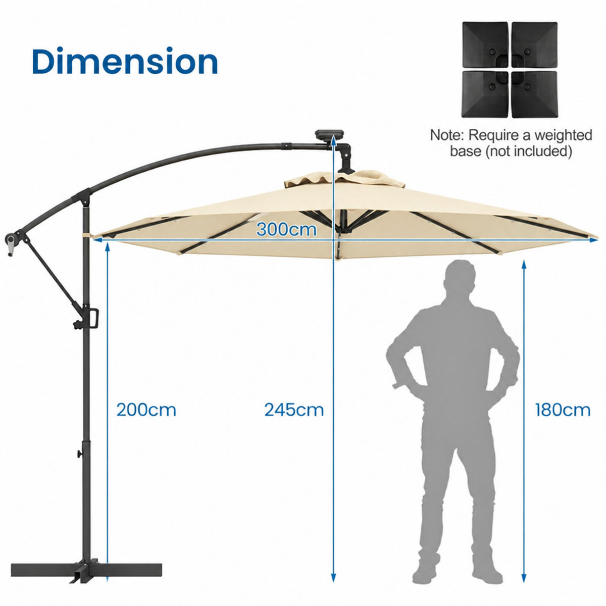 3M Solar LED Cantilever Umbrella Offset Patio Umbrella Tilt 360 Rotation