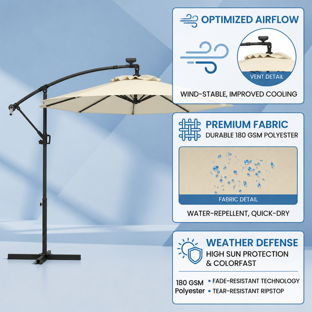 3M Solar LED Cantilever Umbrella Offset Patio Umbrella Tilt 360 Rotation