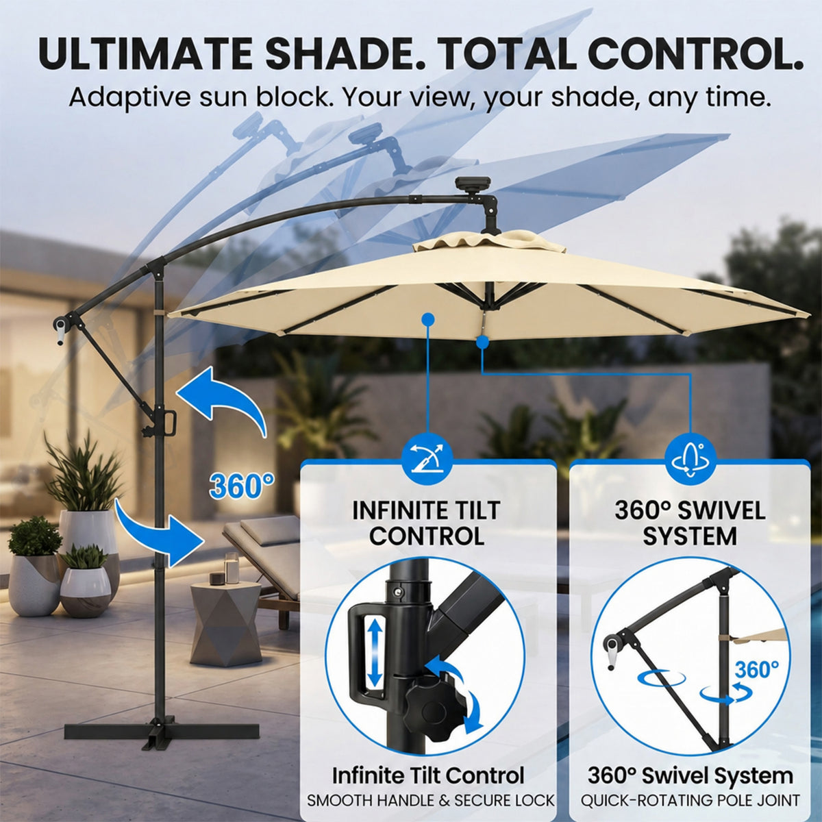 3M Solar LED Cantilever Umbrella Offset Patio Umbrella Tilt 360 Rotation