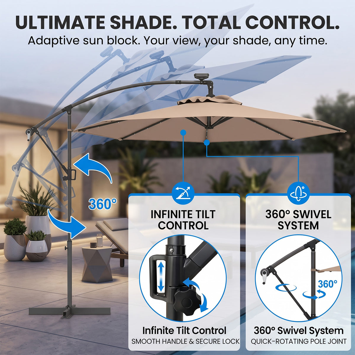 3M Solar LED Cantilever Umbrella Offset Patio Umbrella Tilt 360 Rotation