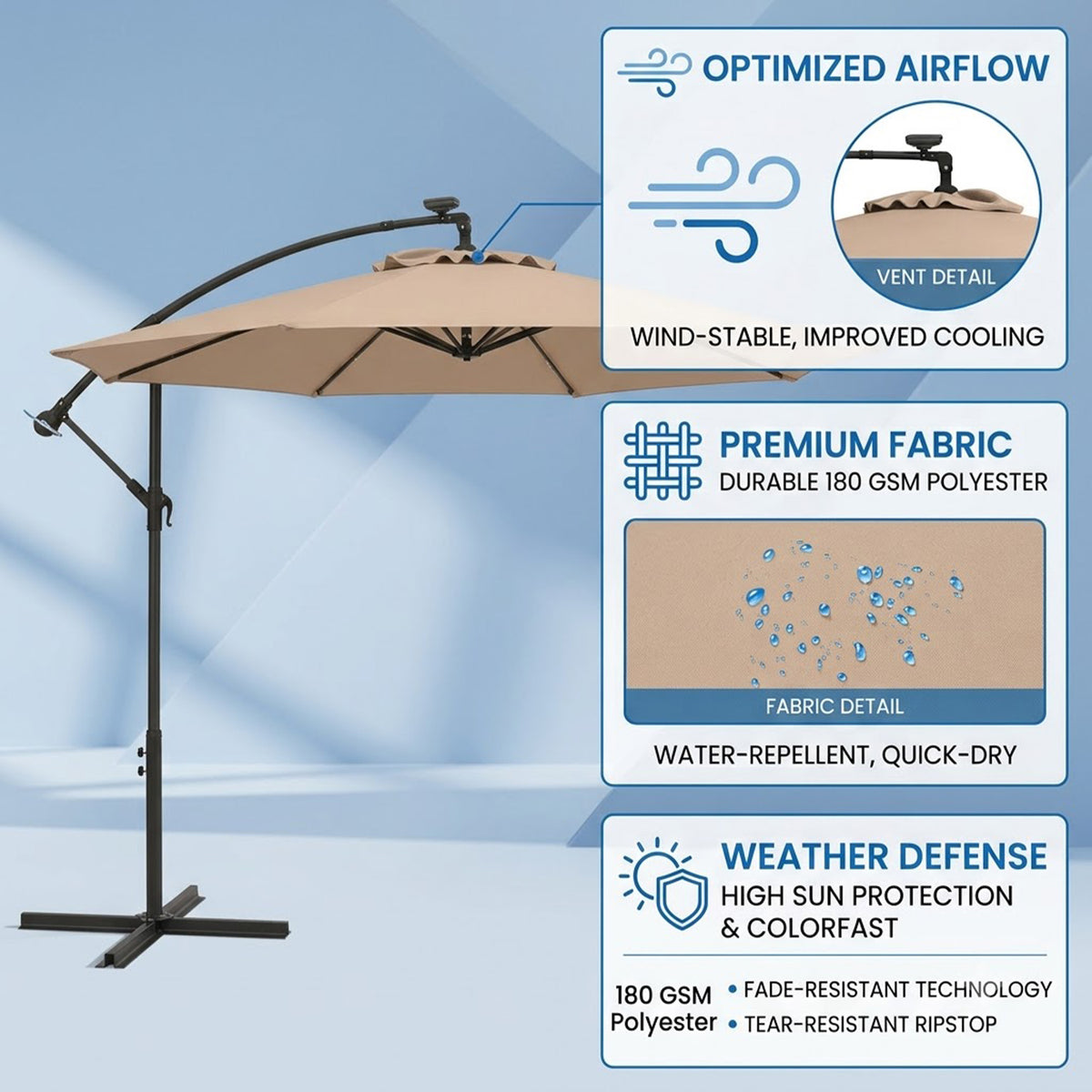 3M Solar LED Cantilever Umbrella Offset Patio Umbrella Tilt 360 Rotation