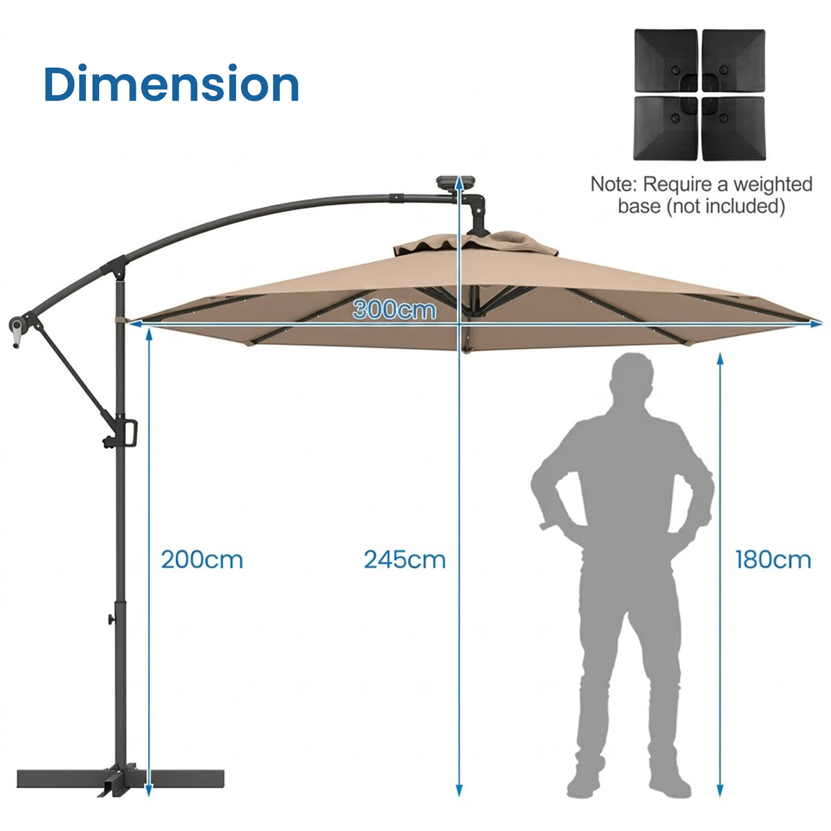 3M Solar LED Cantilever Umbrella Offset Patio Umbrella Tilt 360 Rotation