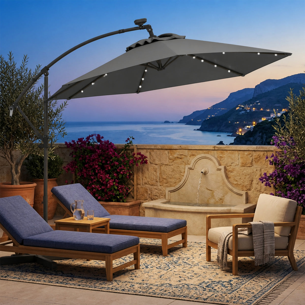 3M Solar LED Cantilever Umbrella Offset Patio Umbrella Tilt 360 Rotation