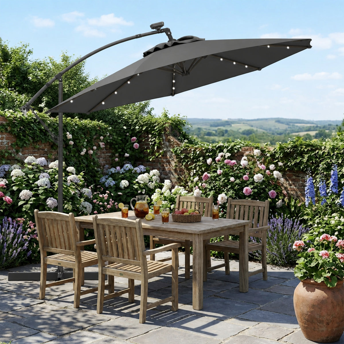 3M Solar LED Cantilever Umbrella Offset Patio Umbrella Tilt 360 Rotation