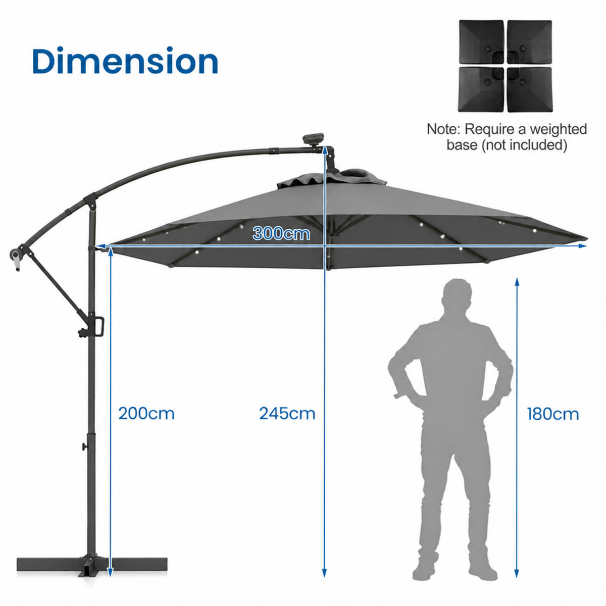 3M Solar LED Cantilever Umbrella Offset Patio Umbrella Tilt 360 Rotation