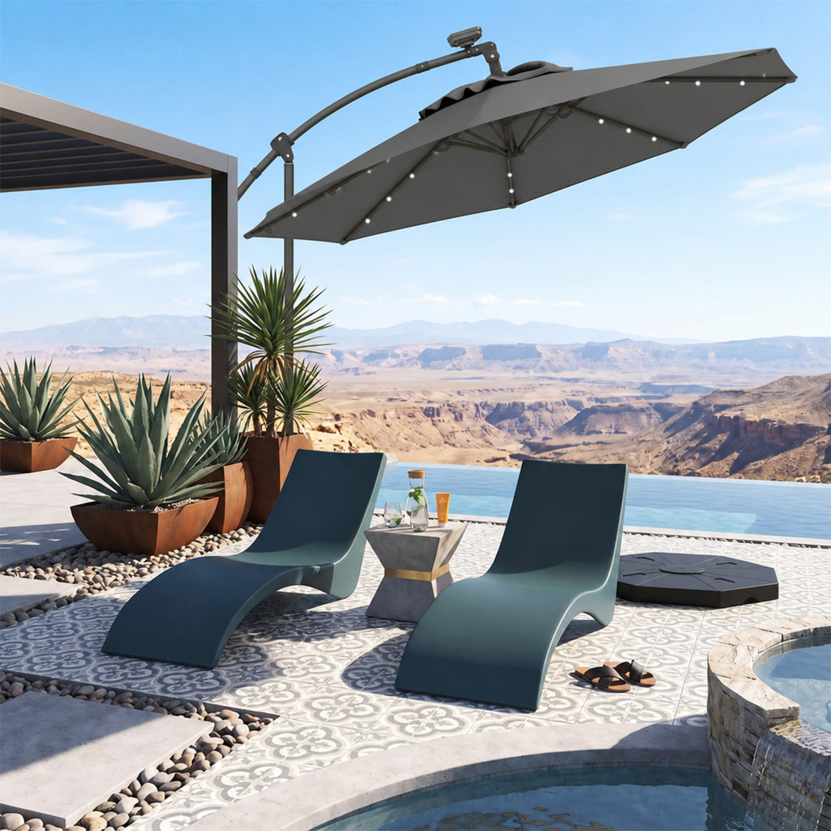 3M Solar LED Cantilever Umbrella Offset Patio Umbrella Tilt 360 Rotation