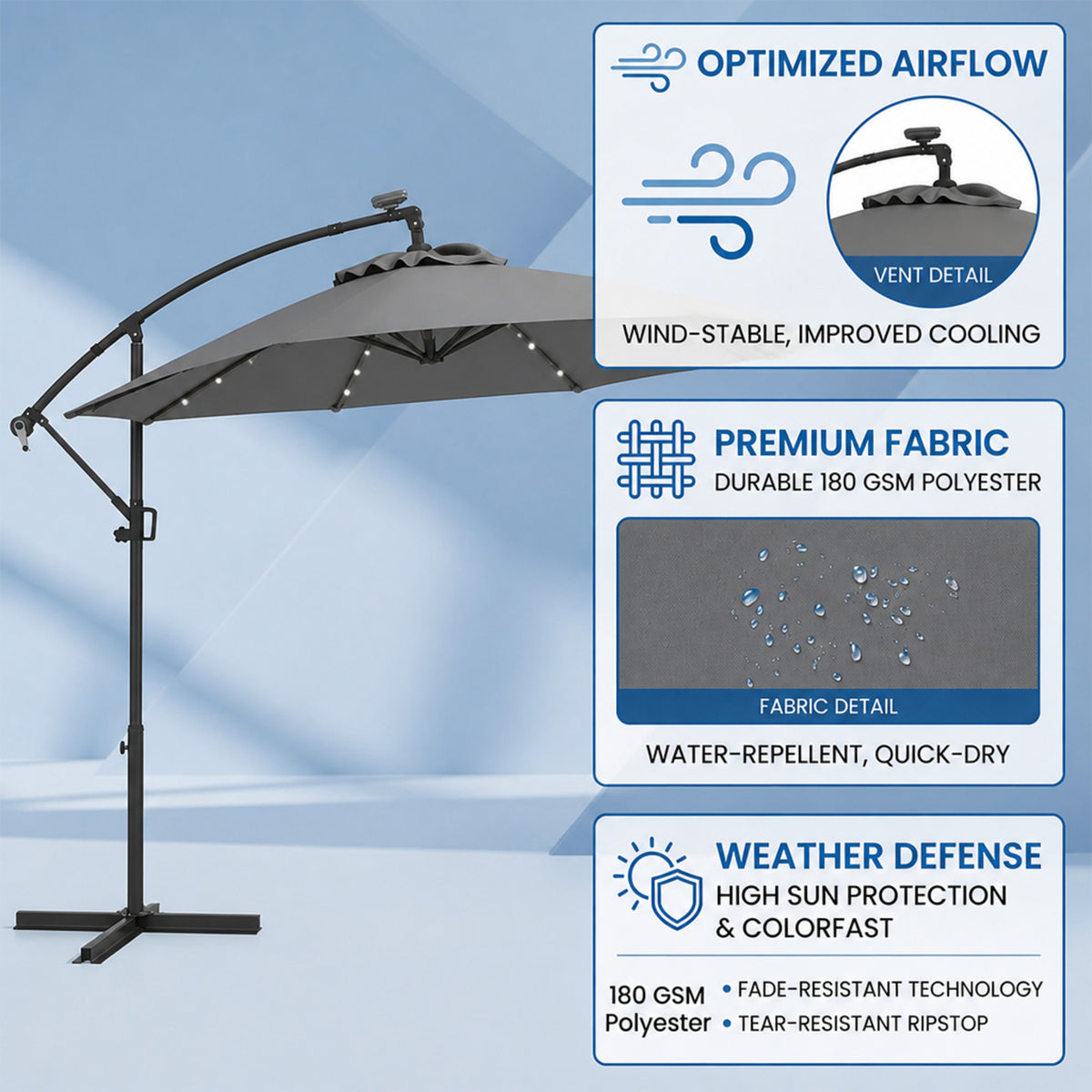 3M Solar LED Cantilever Umbrella Offset Patio Umbrella Tilt 360 Rotation