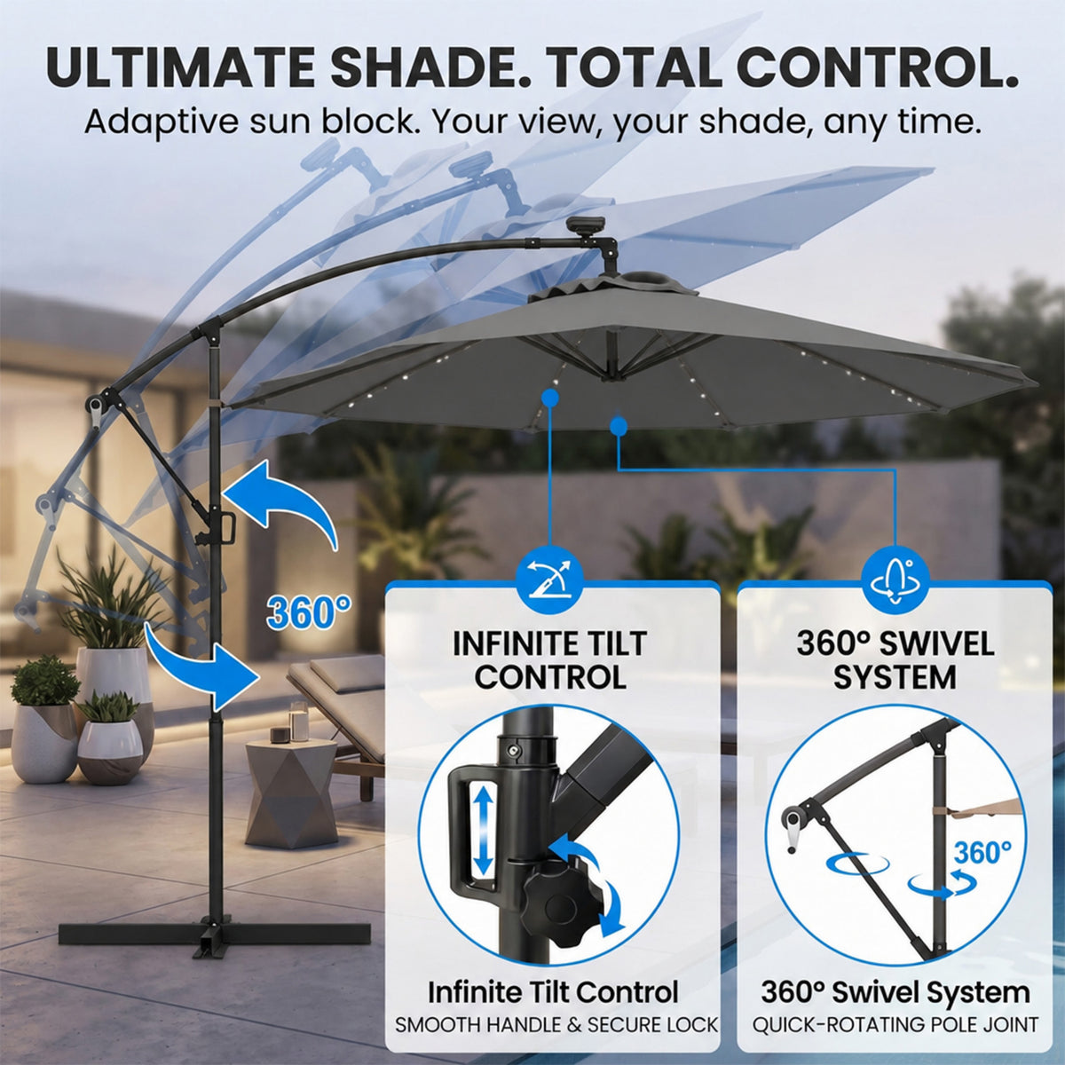 3M Solar LED Cantilever Umbrella Offset Patio Umbrella Tilt 360 Rotation