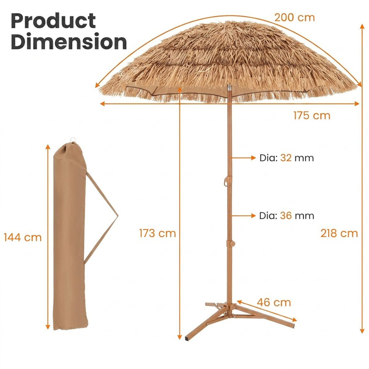 2M Thatched Tiki Umbrella with Foldable Tilt Base Hawaiian Patio Beach Shade