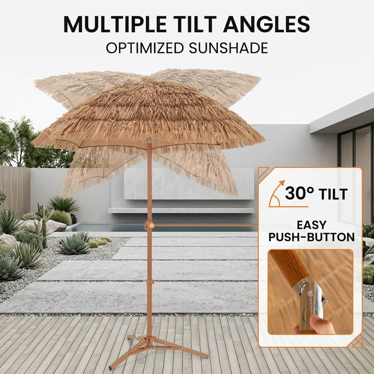 2M Thatched Tiki Umbrella with Foldable Tilt Base Hawaiian Patio Beach Shade