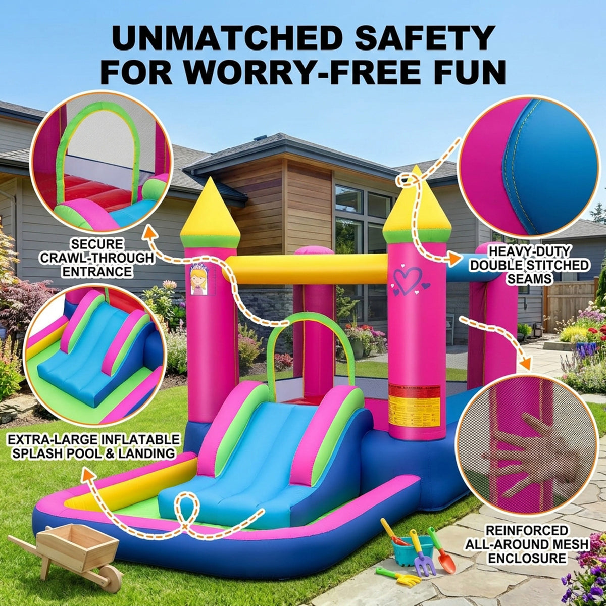 4 in 1 Inflatable Bounce House with Slide and Jumping Area Blower Not Included