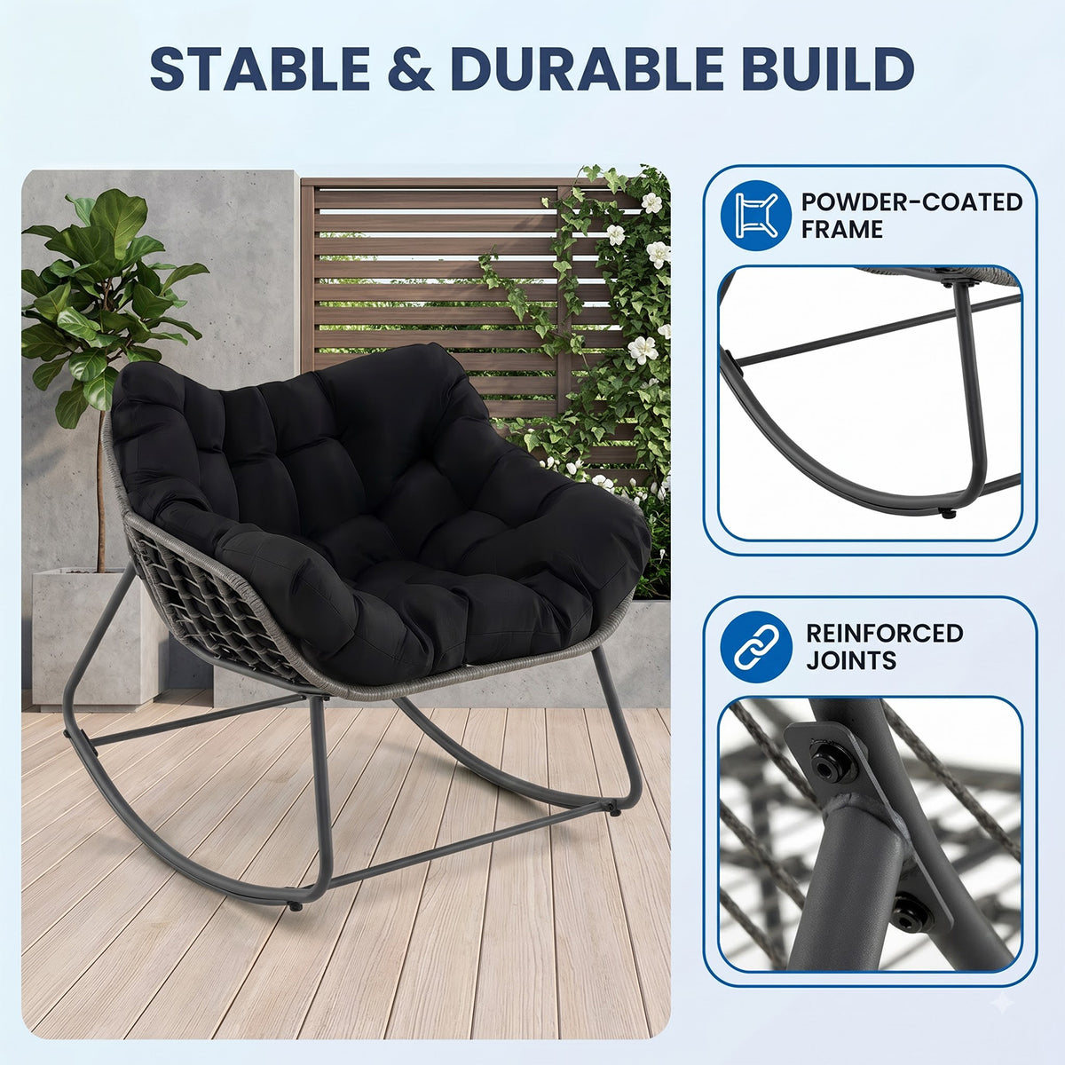 Oversized PE Wicker Rocking Egg Chair Outdoor Patio Rattan with Cushion