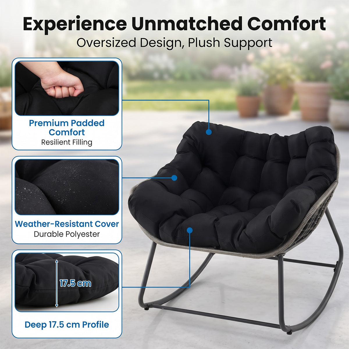 Oversized PE Wicker Rocking Egg Chair Outdoor Patio Rattan with Cushion