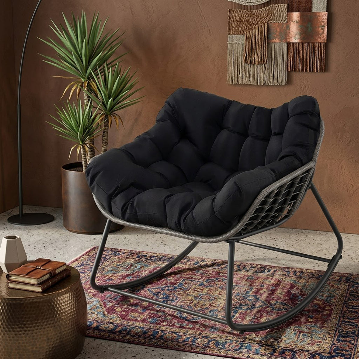 Oversized PE Wicker Rocking Egg Chair Outdoor Patio Rattan with Cushion