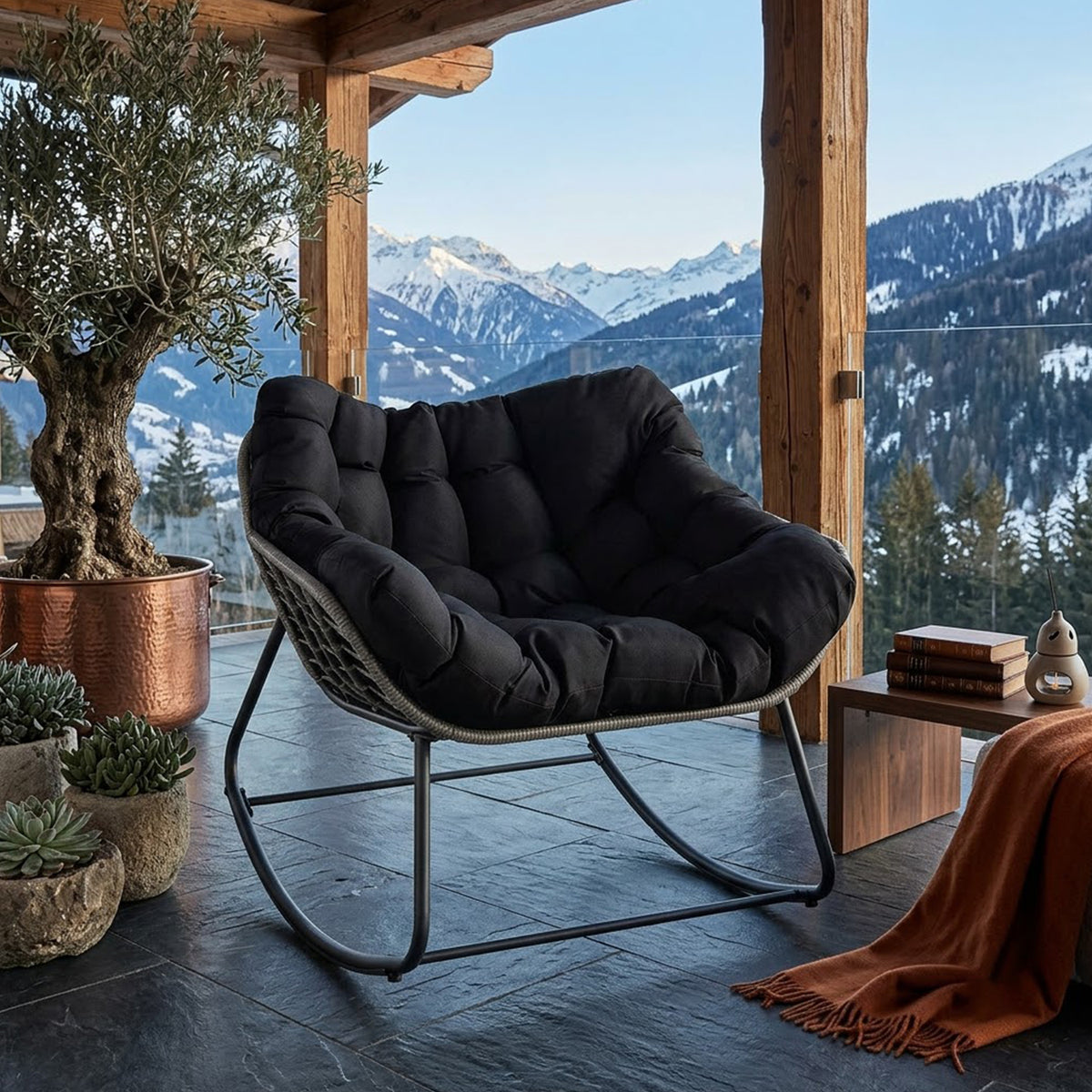 Oversized PE Wicker Rocking Egg Chair Outdoor Patio Rattan with Cushion