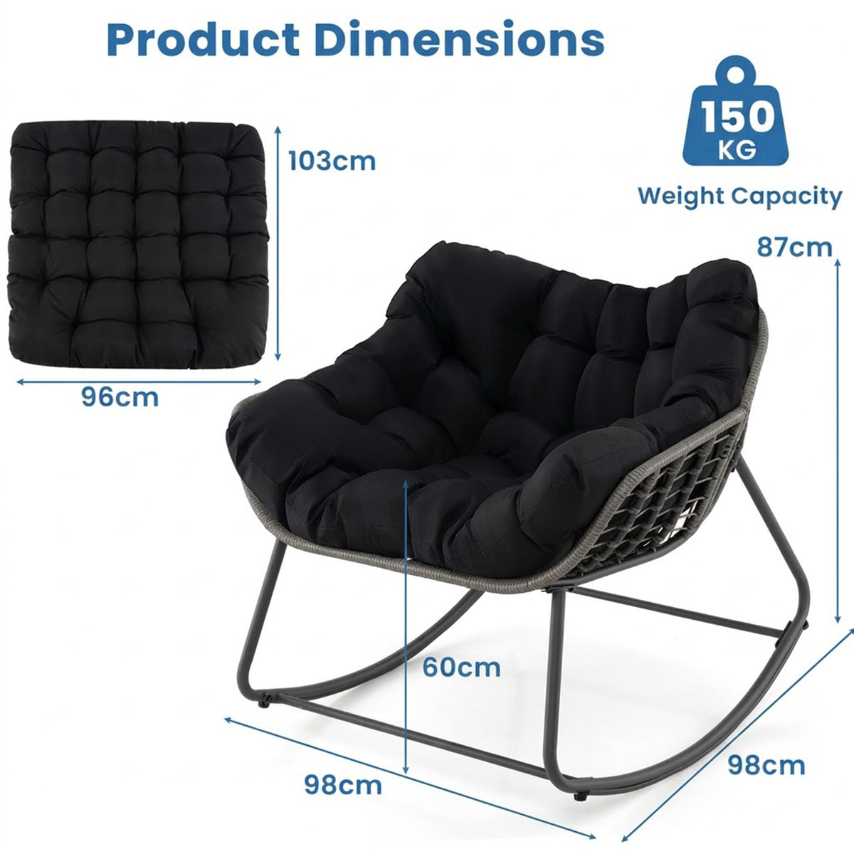 Oversized PE Wicker Rocking Egg Chair Outdoor Patio Rattan with Cushion