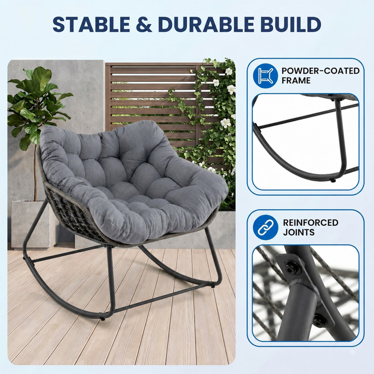Oversized PE Wicker Rocking Egg Chair Outdoor Patio Rattan with Cushion