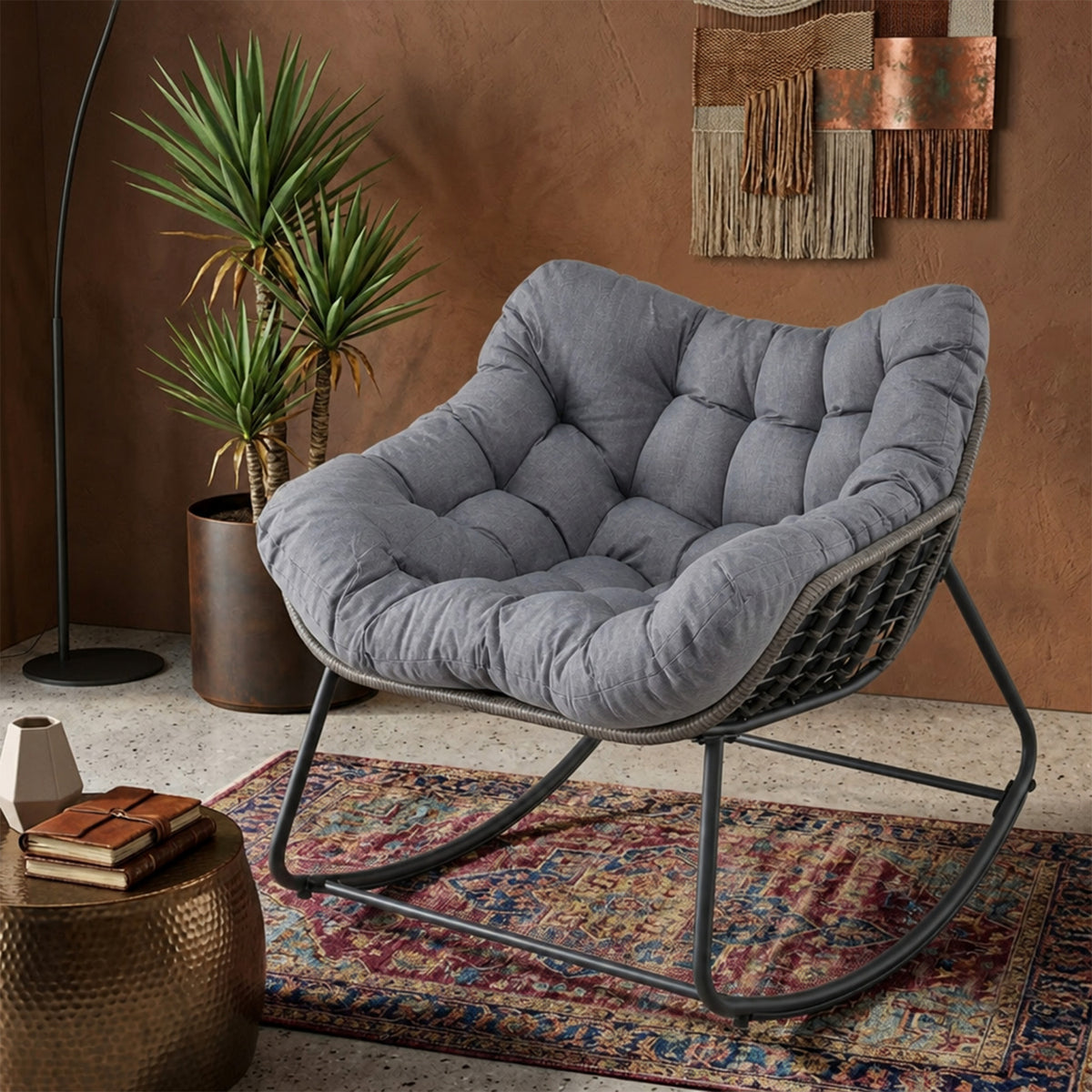 Oversized PE Wicker Rocking Egg Chair Outdoor Patio Rattan with Cushion