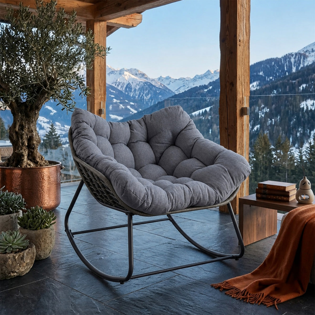 Oversized PE Wicker Rocking Egg Chair Outdoor Patio Rattan with Cushion