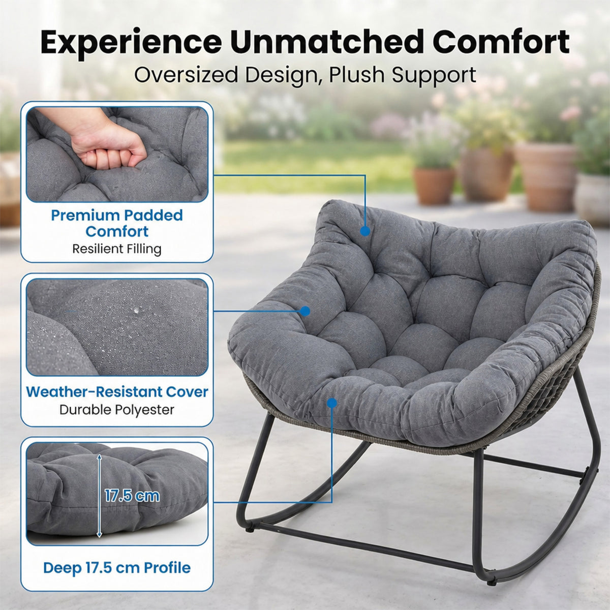 Oversized PE Wicker Rocking Egg Chair Outdoor Patio Rattan with Cushion