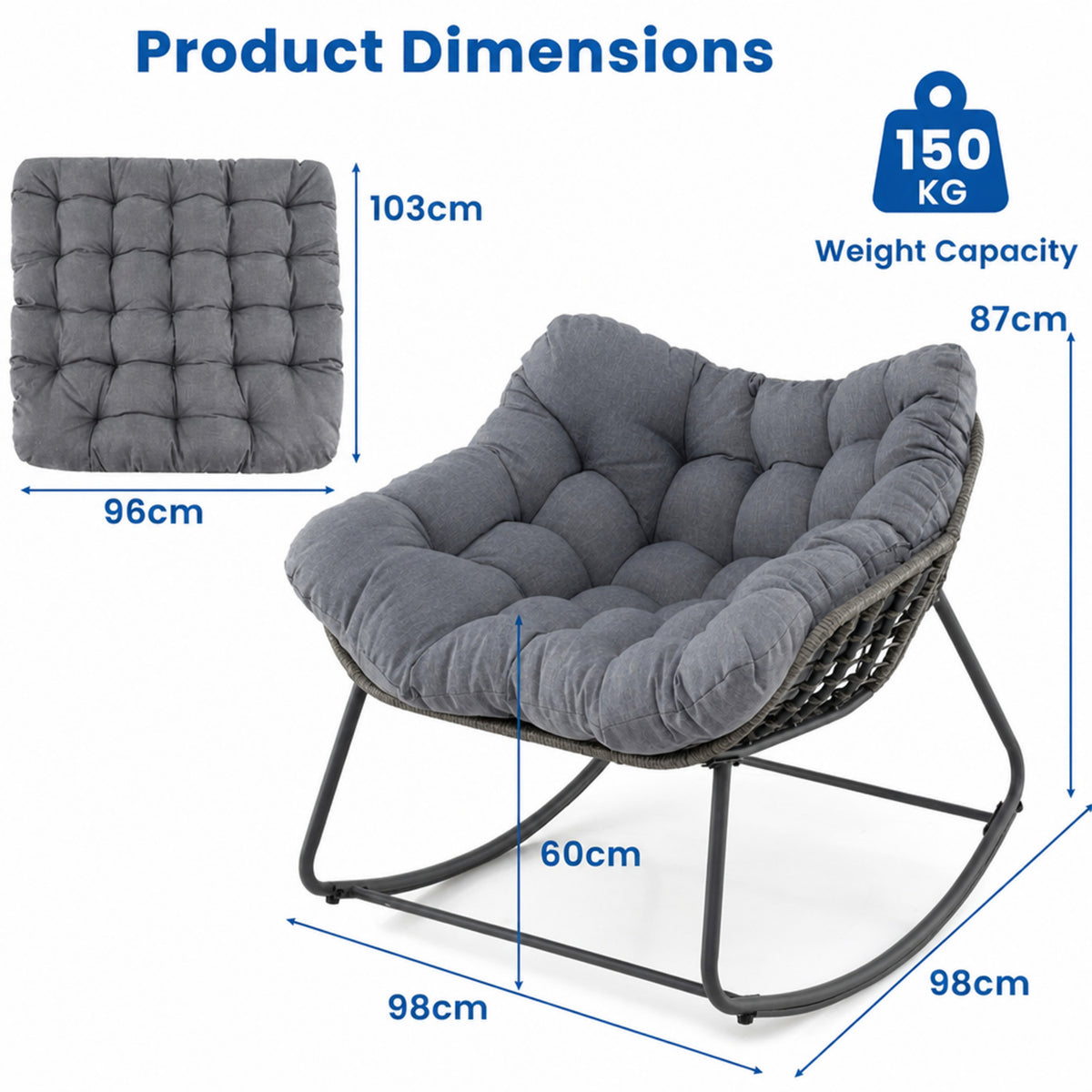 Oversized PE Wicker Rocking Egg Chair Outdoor Patio Rattan with Cushion