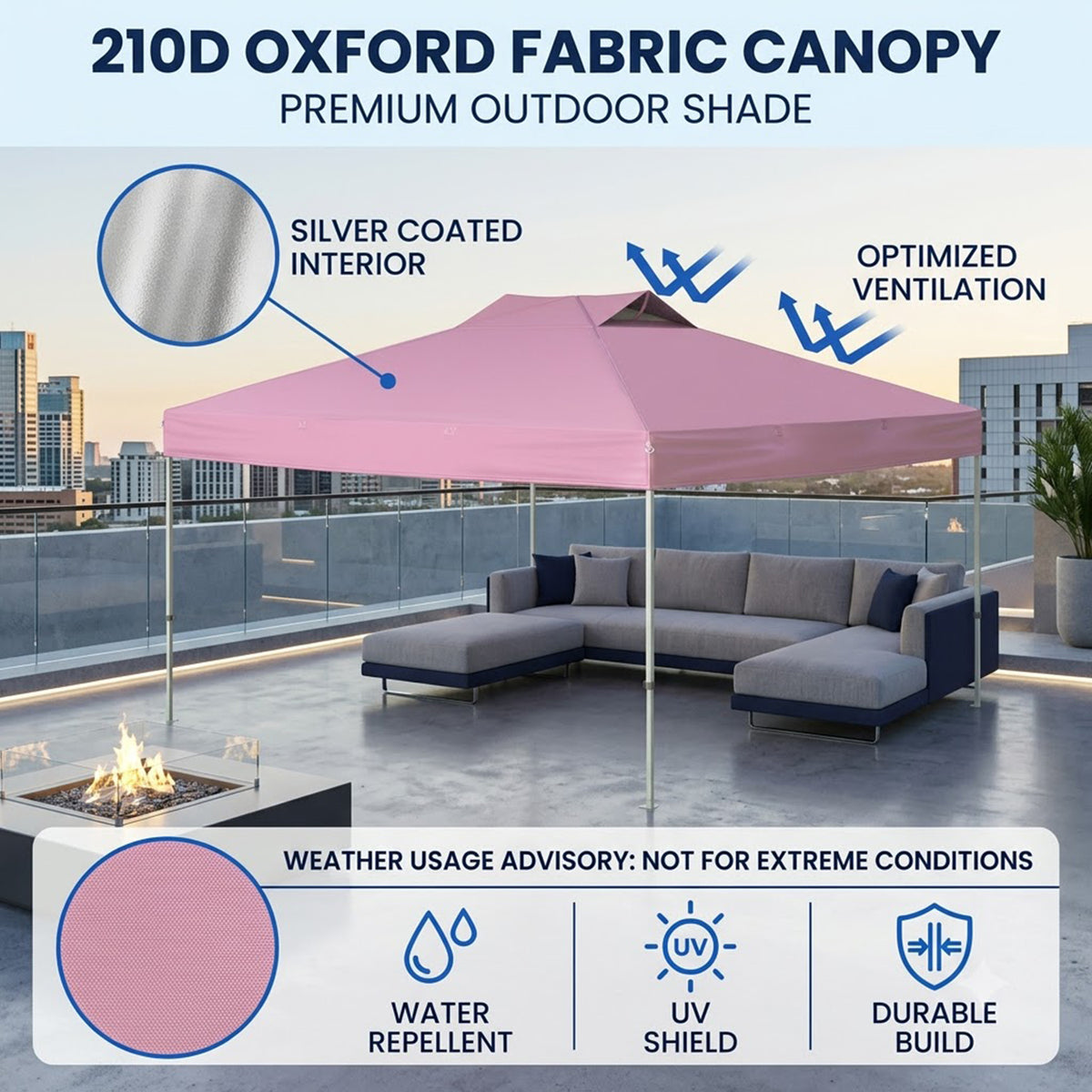 3x3M Pop Up Canopy Tent One Push Setup Outdoor Gazebo Adjustable Height Pink